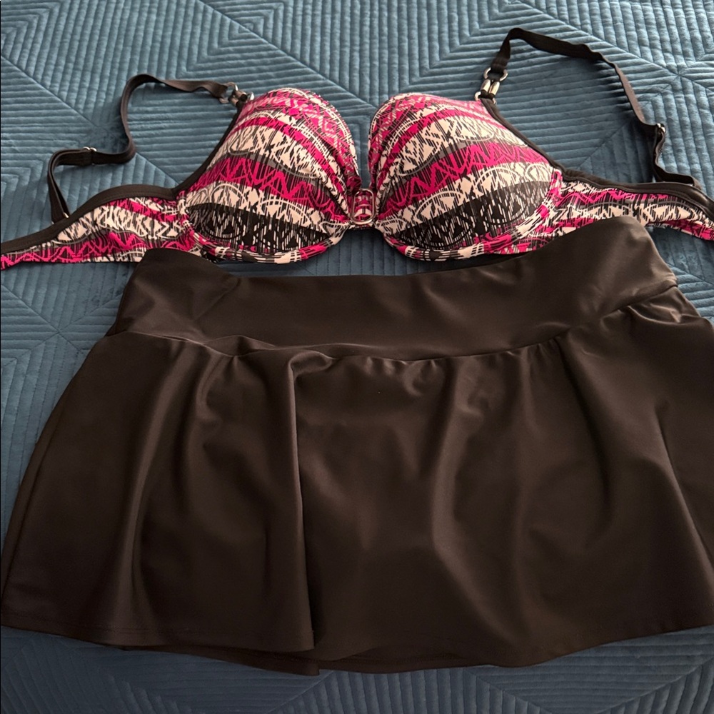 Point Zero Pink and Black Bikini Top and Christina black swim skort. Never worn.
